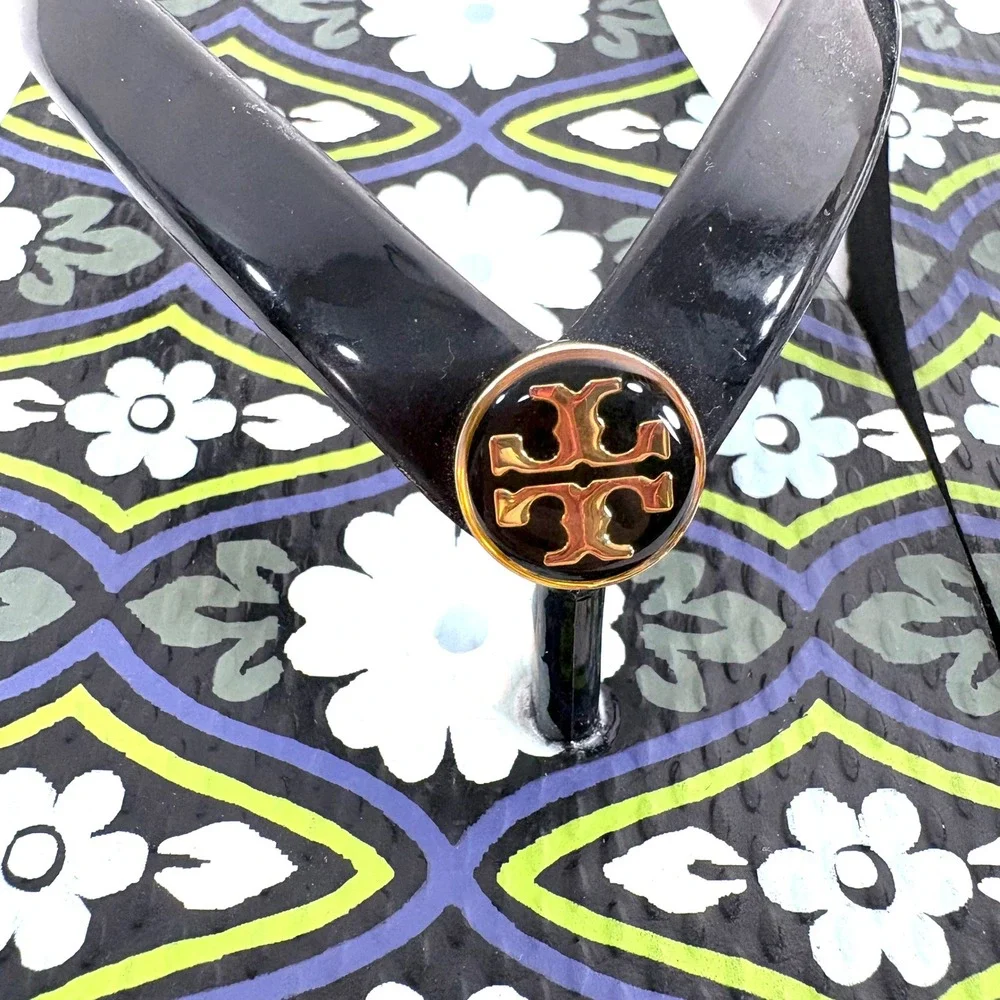 Tory Burch Flip Flop Sandals Black Floral Logo Thong Rubber Shoes Women Sz 9